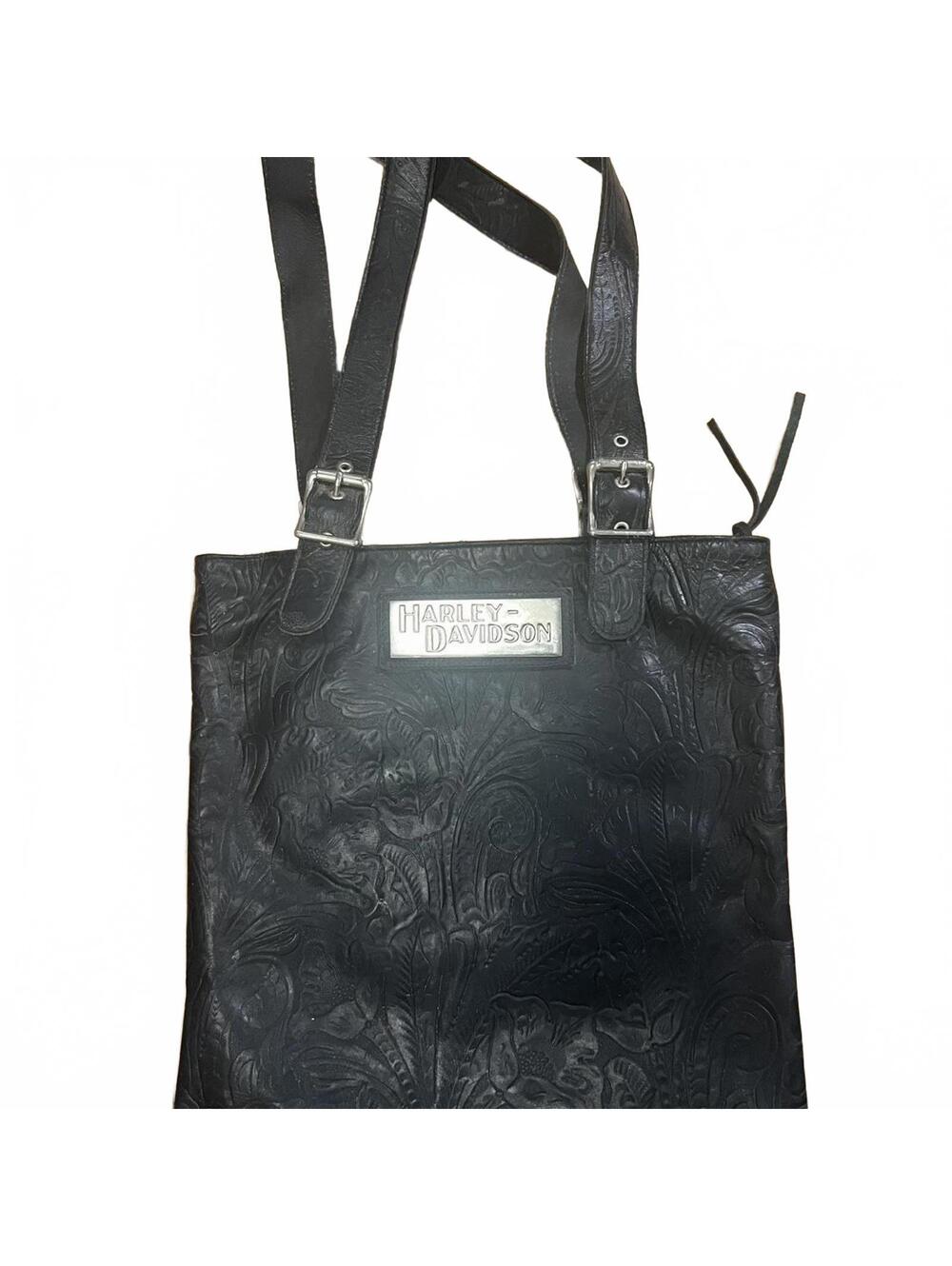 Authentic Harley Davidson Black Leather Floral Embossed Tote Bag Adjustable